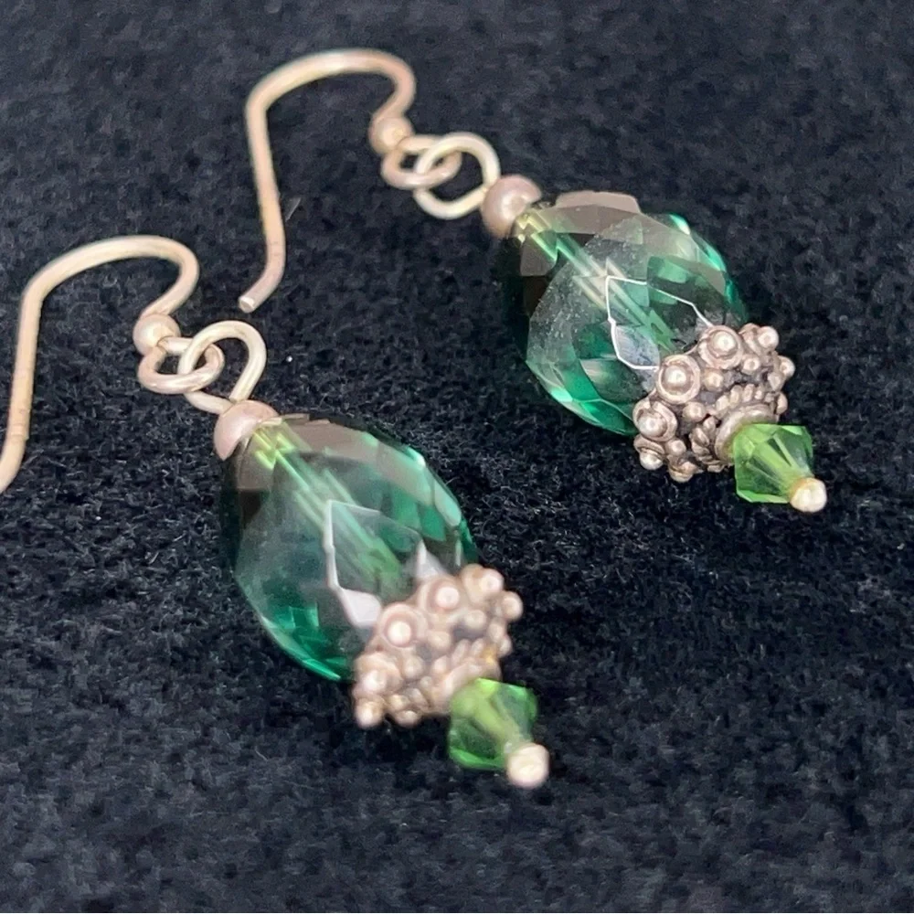 Green Crystal Silver Dangle Beaded Earrings Dangle Boho Glam